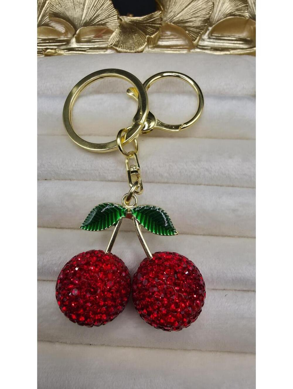 Rhinestone-encrusted Cherry Keychain, Cute Realistic Cherry Alloy Bag Charm